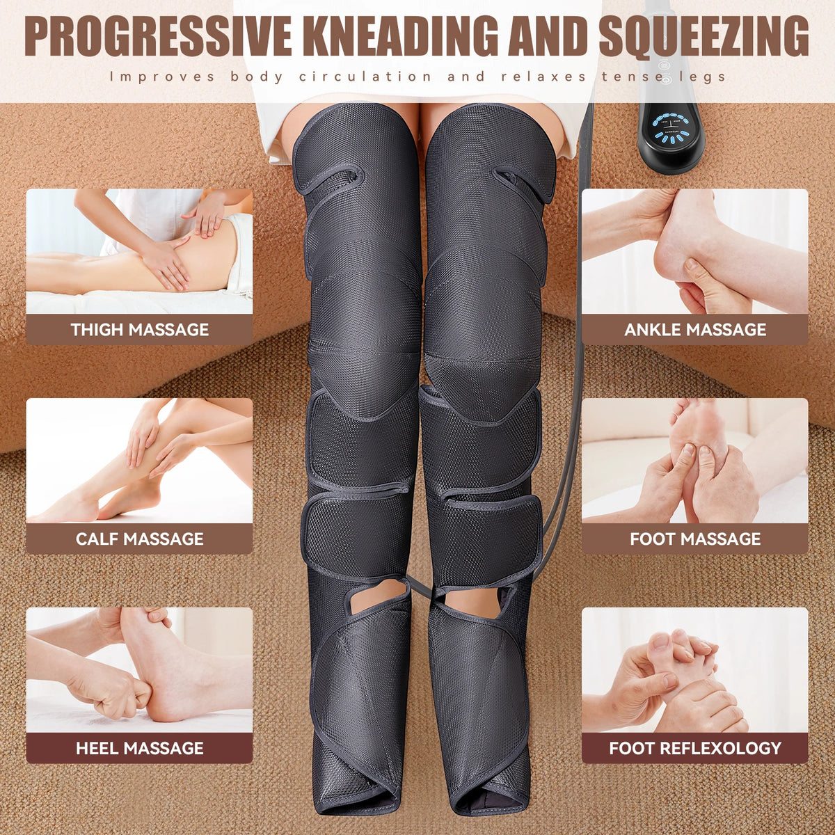 A pair of black progressive kneading and squeezing leg massagers shown on a person's legs for circulation and relaxation.
