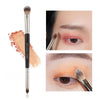 A double-ended eye shadow brush with a smudge tip and blending shader shown next to close-up applications on the eye.