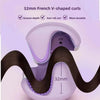 A close-up of a purple hair curling iron demonstrating 32mm French V-shaped curls being formed on dark hair.