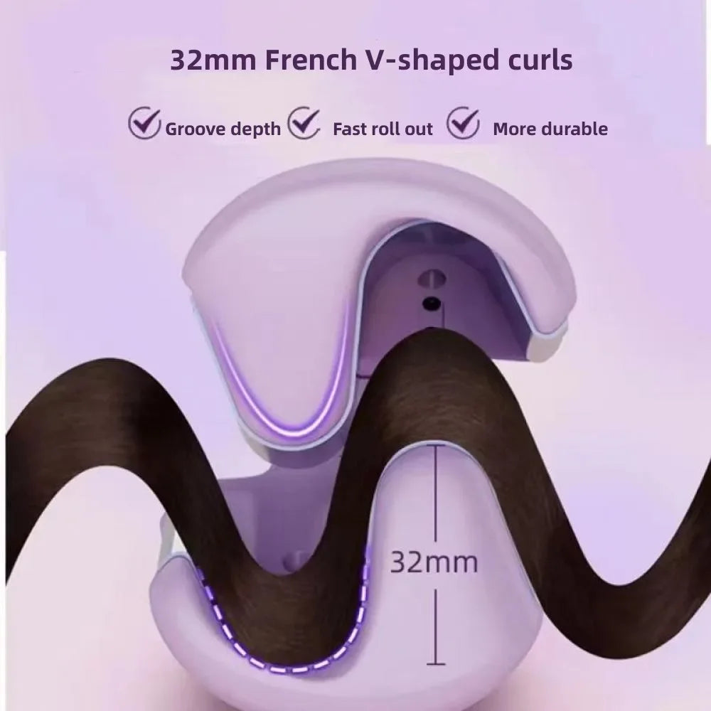 A close-up of a purple hair curling iron demonstrating 32mm French V-shaped curls being formed on dark hair.