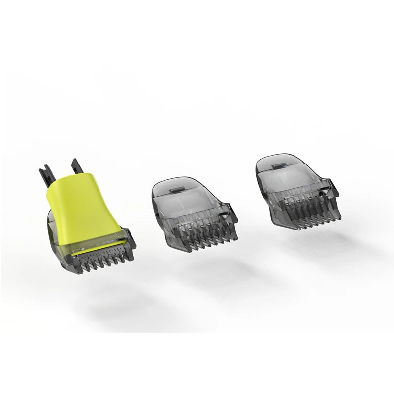 A set of three multi-head body and beard trimmer shaver attachments in yellow and gray.