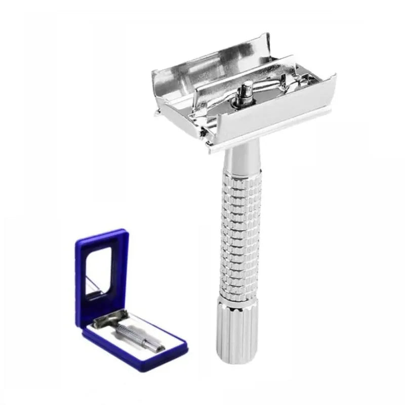 A stainless steel double-sided safety razor with a silver handle and a metal blade holder.