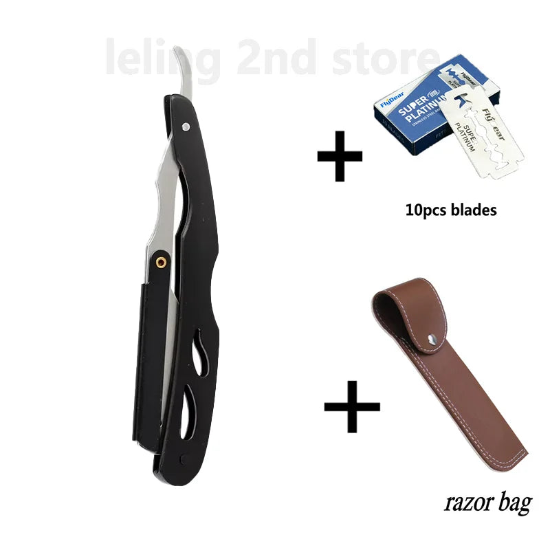 A black straight edge barber razor with a leather razor bag and ten replacement blades.