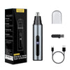 A black electric nose hair trimmer with a silver cap and charging cable shown next to its packaging.