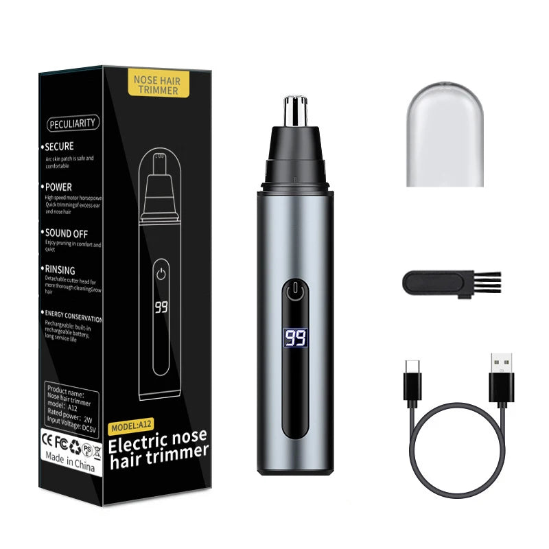 A black electric nose hair trimmer with a silver cap and charging cable shown next to its packaging.