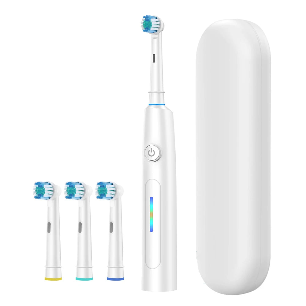 A white 3D rotating electric toothbrush with a blue head and charging case shown in various forms.