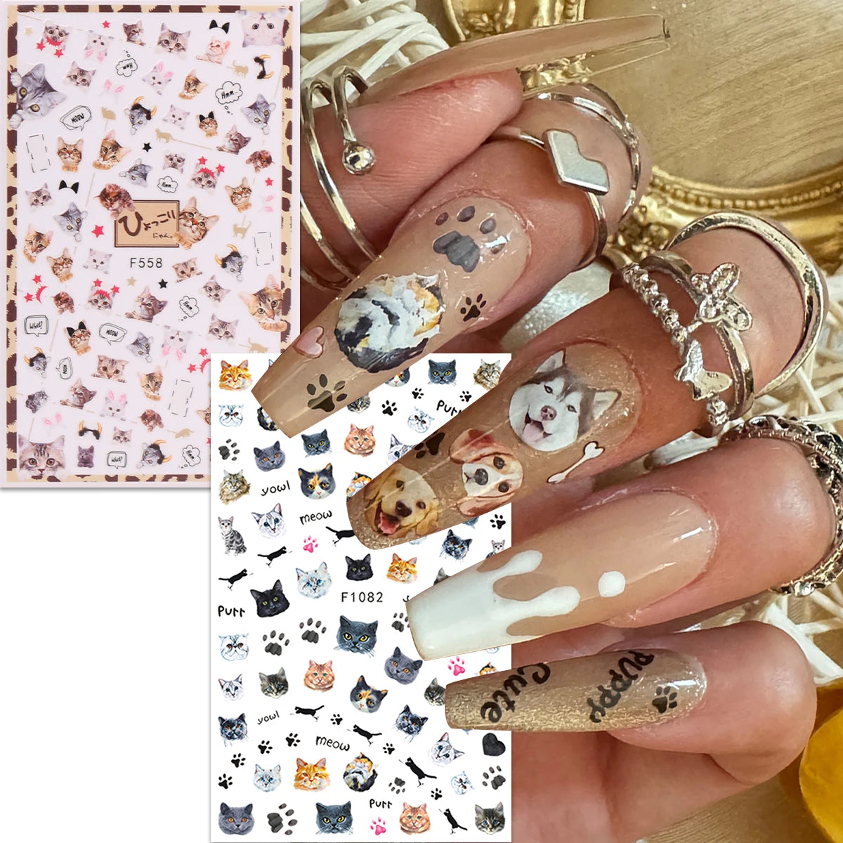 A hand displays various flower and butterfly nail stickers for DIY decoration on a fingernail.