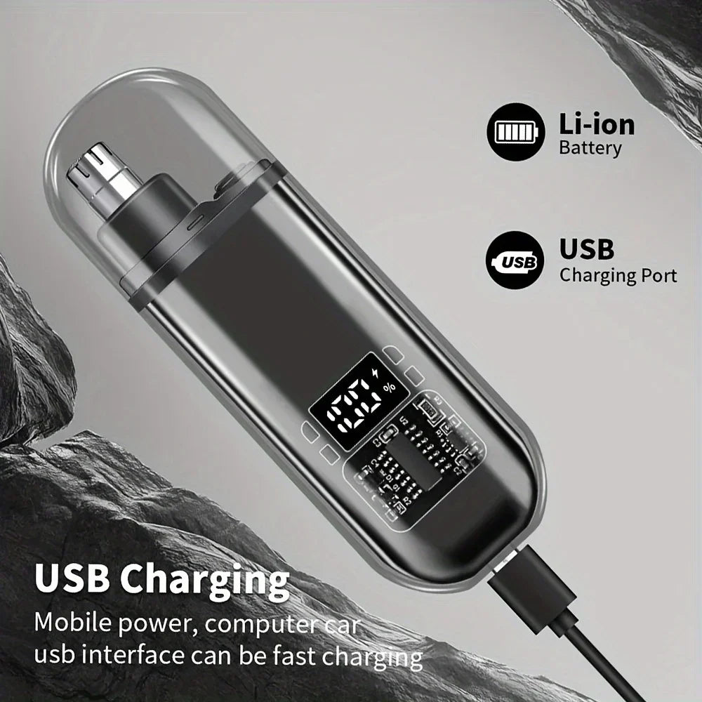 Silberner USB-Lade-Nasen- und Ohrhaartrimmer gegen dunklen, strukturierten Hintergrund.