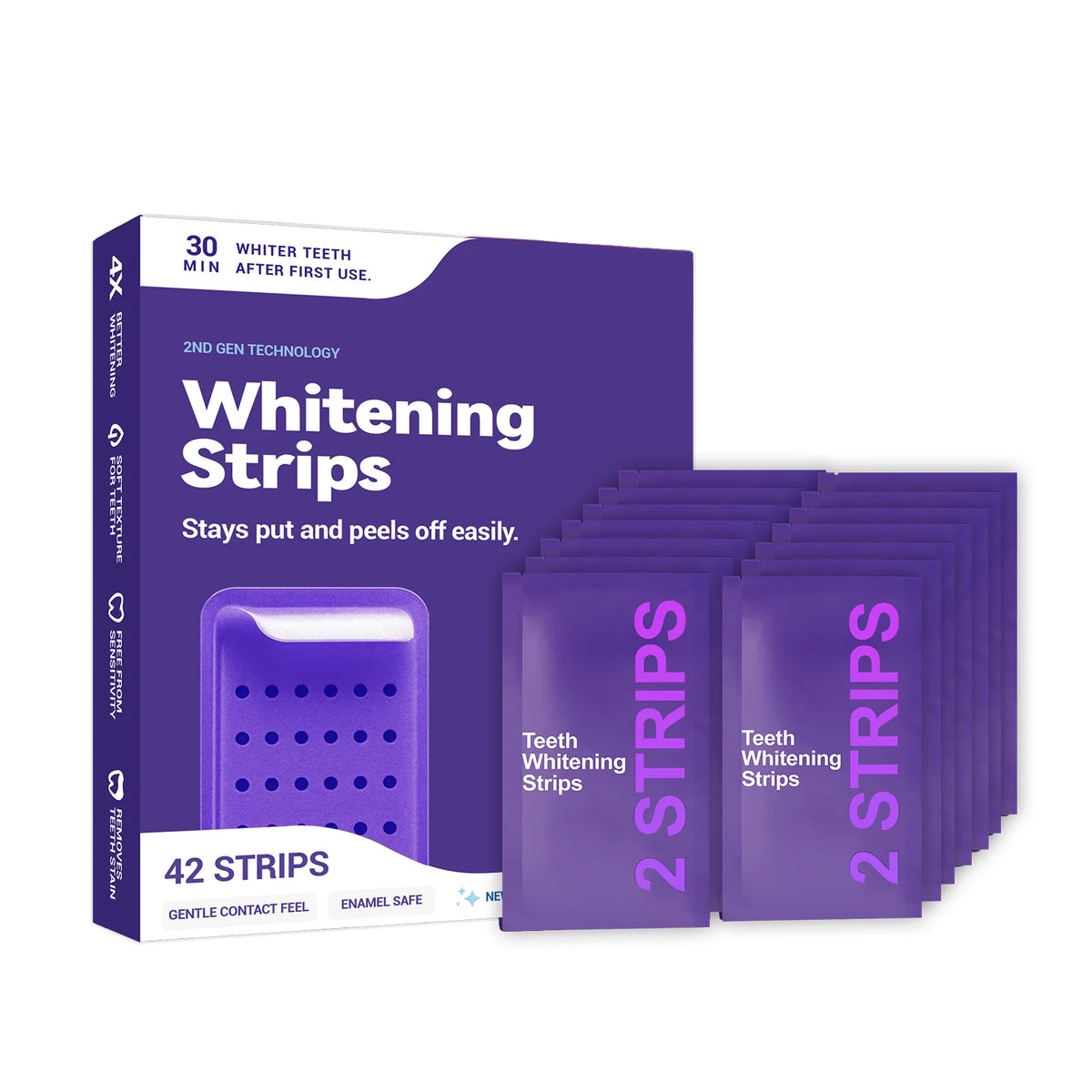 Box of 2 strips of gentle purple teeth whitening strips with a purple dental tray visible.