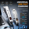 A silver cordless hair clipper set showing a large trimmer and a small trimmer with charging cables.