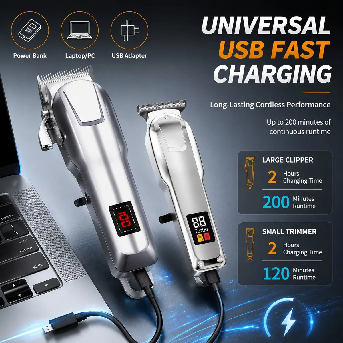 A silver cordless hair clipper set showing a large trimmer and a small trimmer with charging cables.