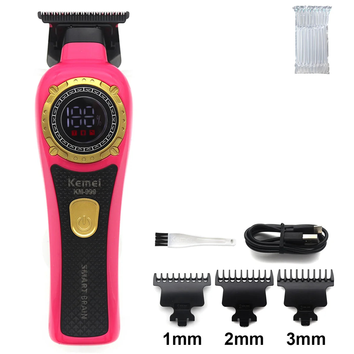 Pinker Elektrikoschneider mit schwarzem Gehäuse und goldenen Akzenten, zeigt verschiedene Aufsätze (1mm, 2mm, 3mm).