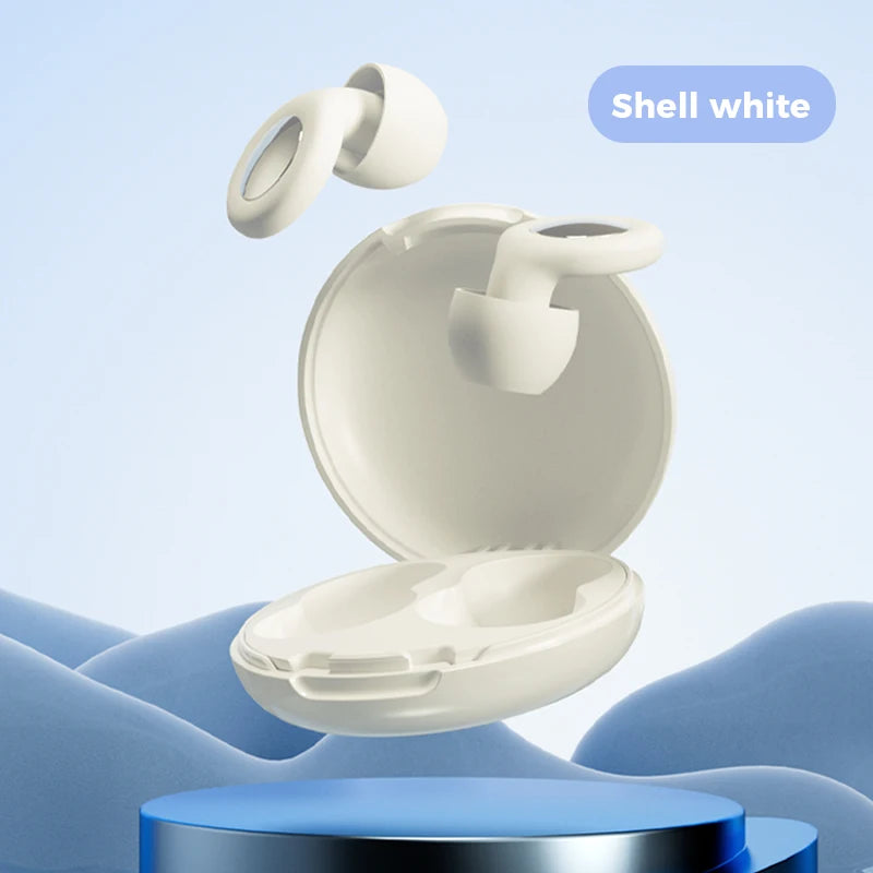 A white reusable silicone ear plug in its open packaging is shown against a blue background.