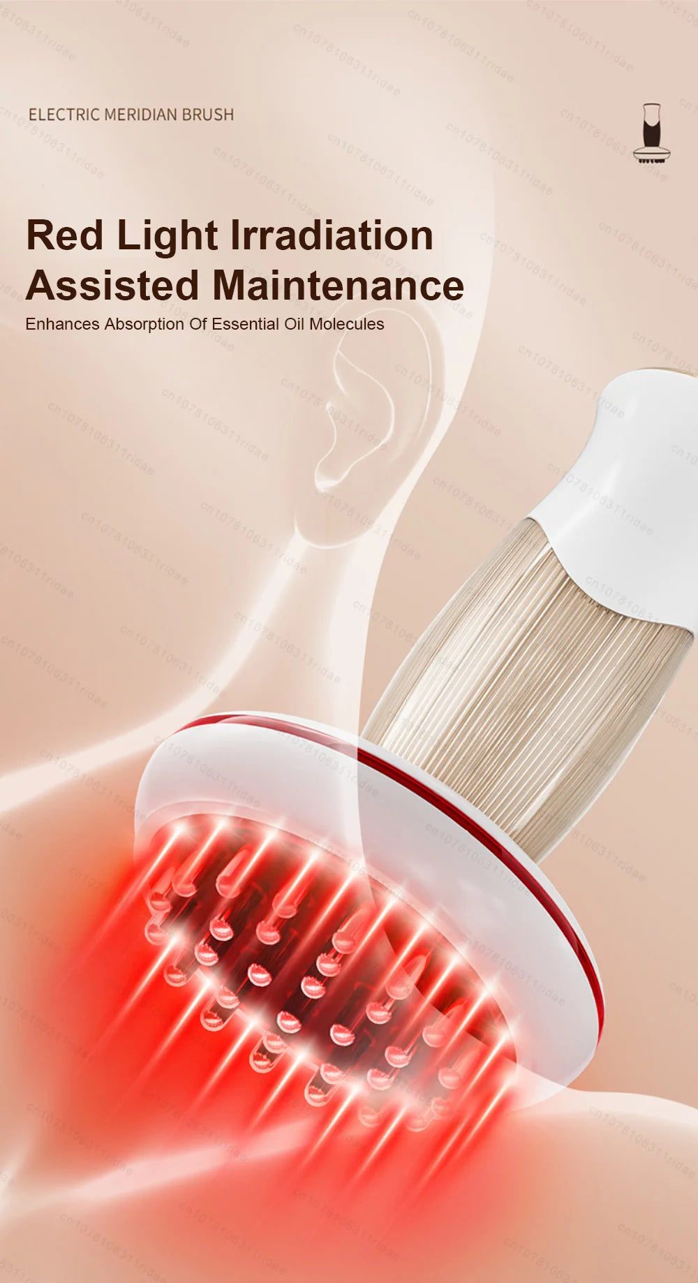 A close-up of a red light irradiation electric meridian brush being used on the skin.