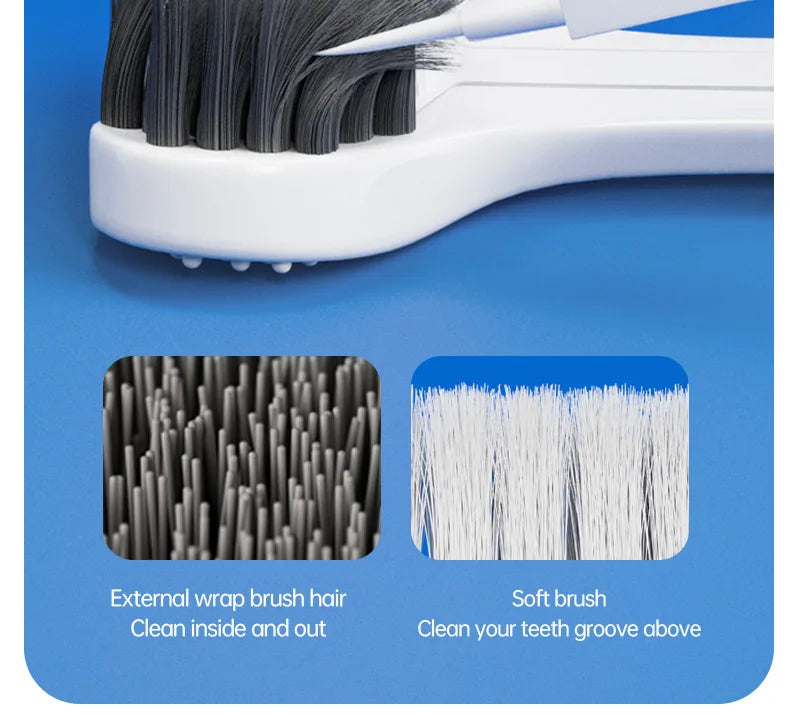 A white U-shaped 3D toothbrush set showing external wrap brush hair and a soft brush for cleaning teeth grooves.
