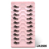A pink plastic tray containing multiple pairs of black false eyelashes for eye makeup.