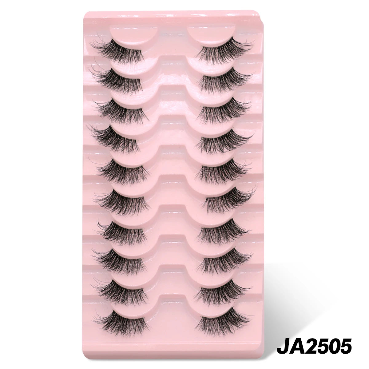 A pink plastic tray containing multiple pairs of black false eyelashes for eye makeup.
