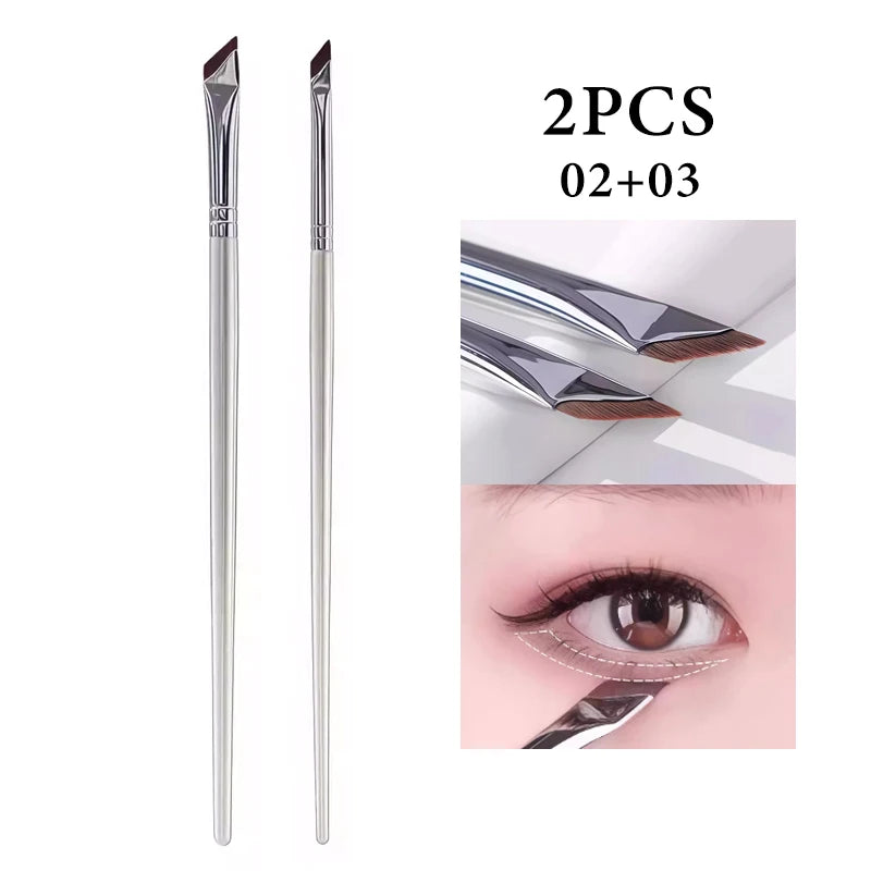 Two ultra-thin angled eyeliner brushes, part 02 and 03, shown alongside a close-up of an eye applying eyeliner.