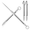 A silver titanium keychain toothpick set with two long, slender picks and attached rings.
