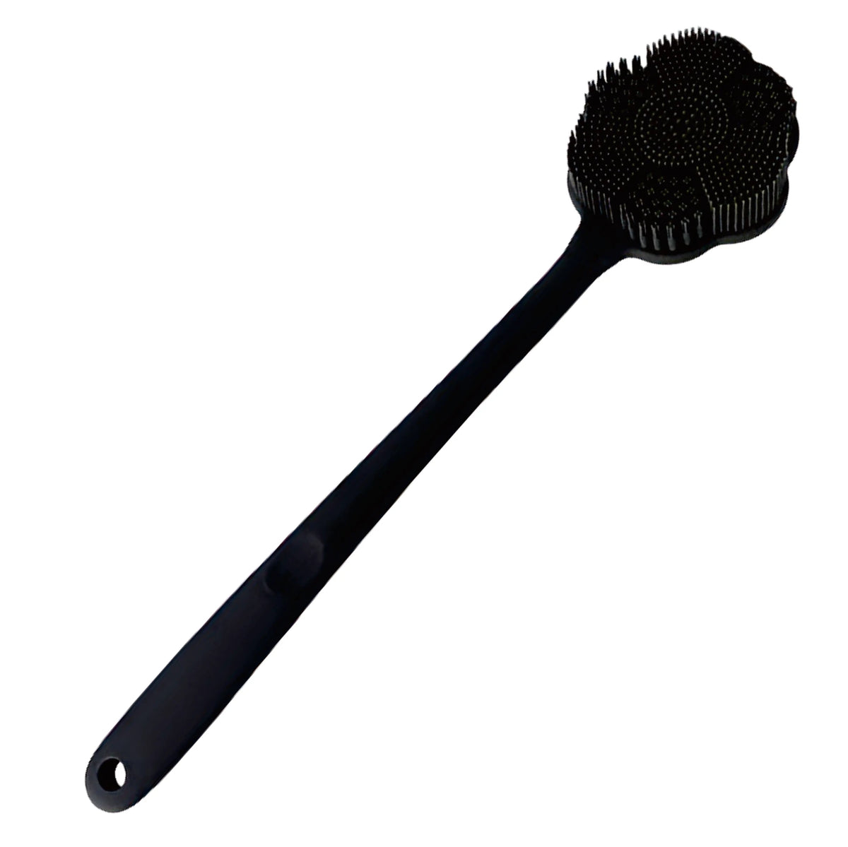 Black long-handle silicone body brush with a dual-sided bristled head