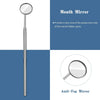 A stainless steel mouth mirror with a handle and an anti-fog coating.