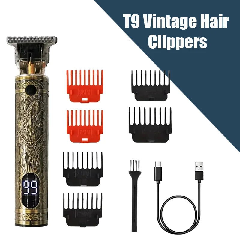 A set of T9 vintage hair clippers including a body, blades, and power cord.