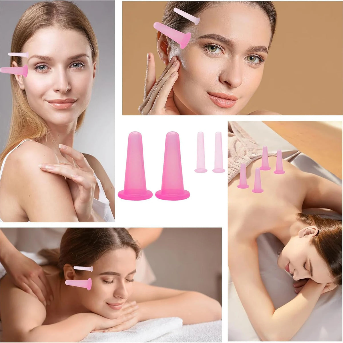 A silicone facial cupping massage set with pink and white silicone applicators being used for skin rejuvenation.