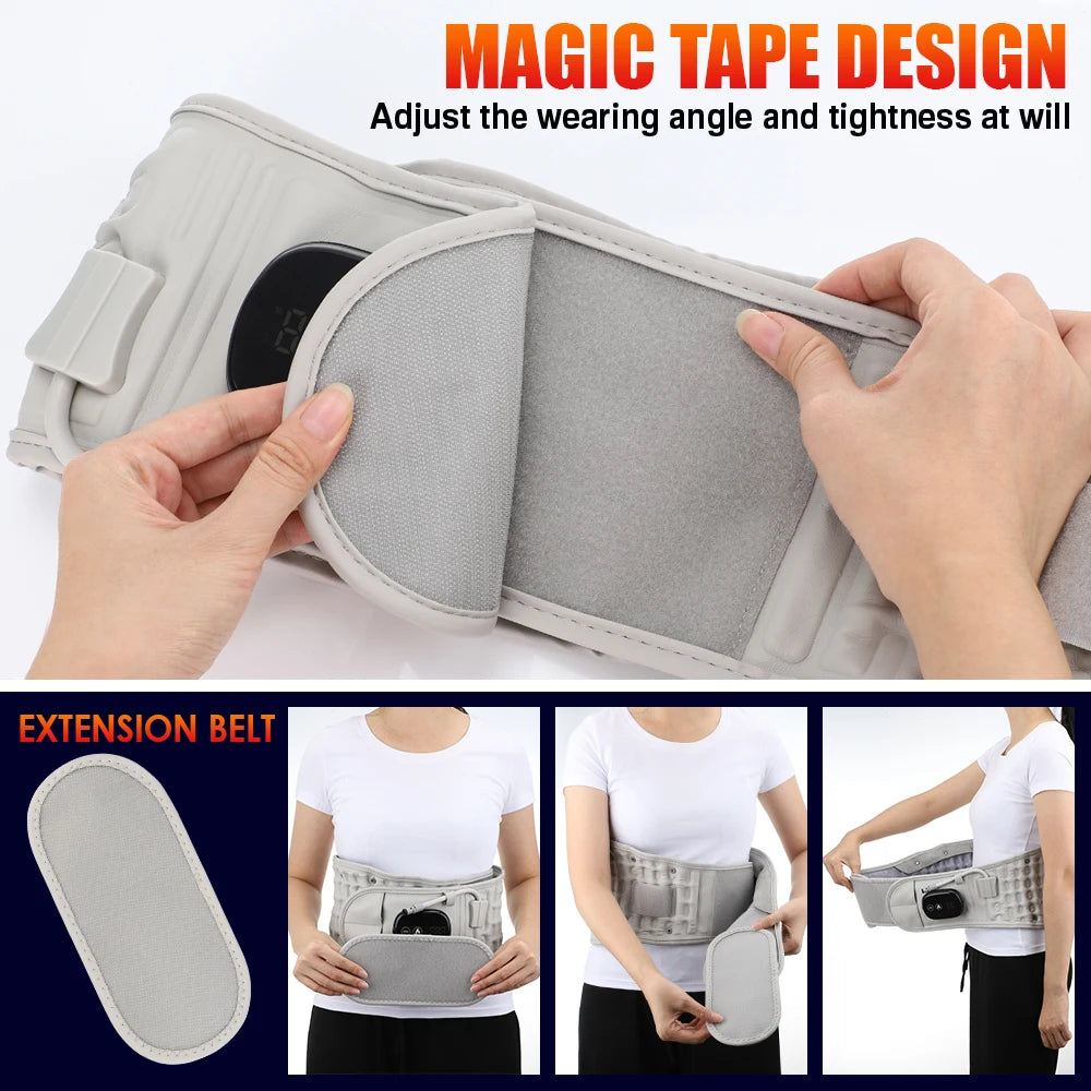 A hand adjusts the taping design on a gray inflatable back heating support belt.