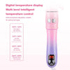 A pink automatic rotating hair curler with an LCD temperature display and control buttons.