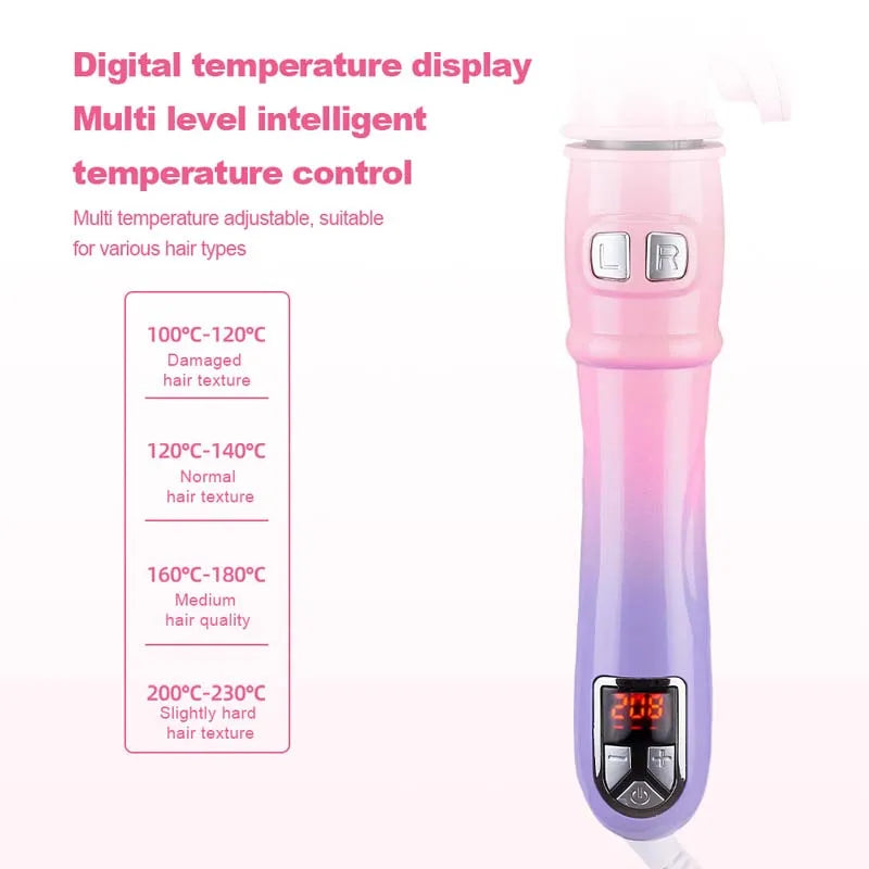 A pink automatic rotating hair curler with an LCD temperature display and control buttons.