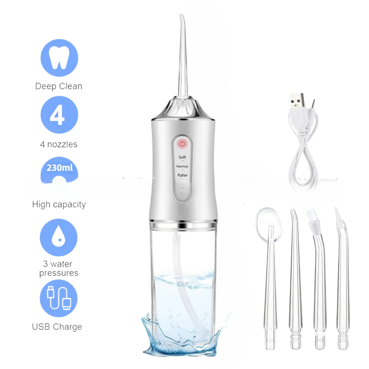 A silver portable USB rechargeable dental water flosser with four nozzles and a clear water tank.