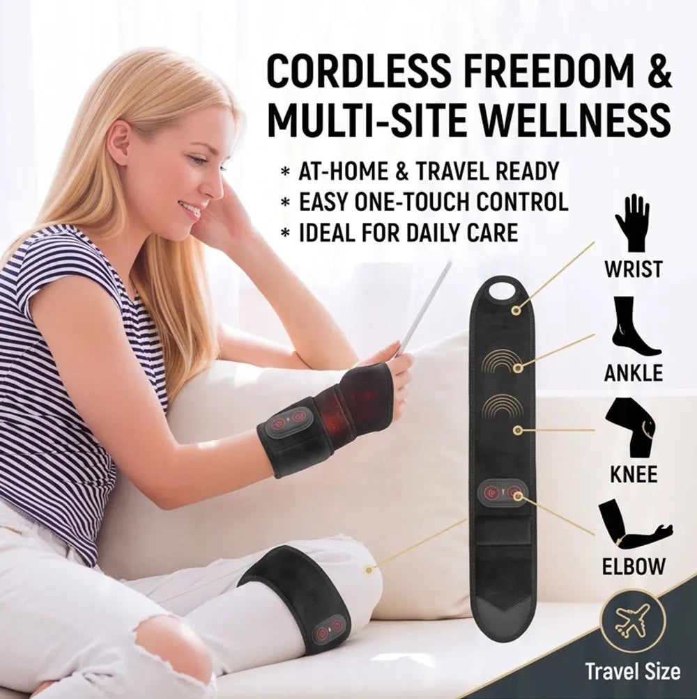 A woman is using a cordless multi-site wellness device for daily care, showing the hand and wrist support.