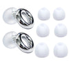 A set of white silicone noise-cancelling earplugs shown in various forms and angles.