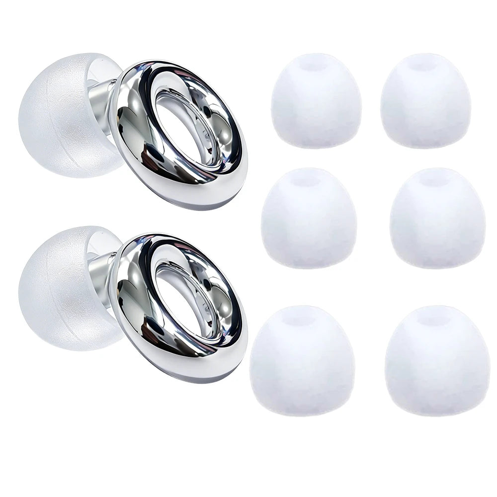 A set of white silicone noise-cancelling earplugs shown in various forms and angles.