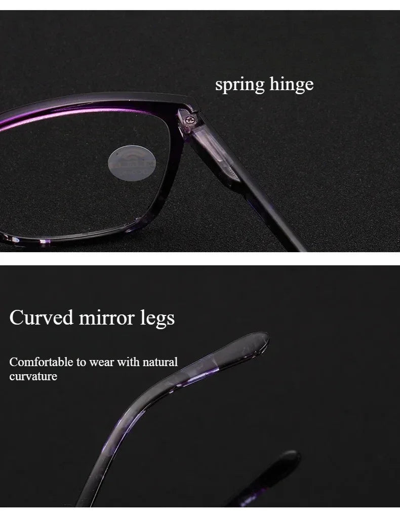 Close-up of purple progressive multifocal reading glasses showing the spring hinge and curved mirror legs.