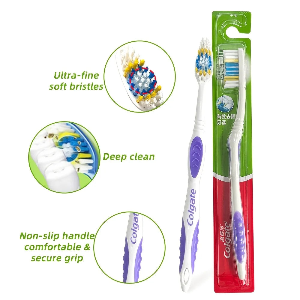 A green packaging box shows a Colgate toothbrush with soft bristles and a non-slip handle.