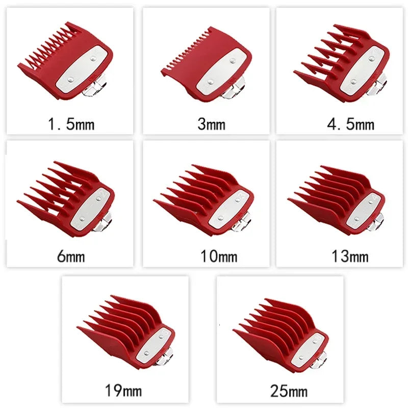 A collection of professional cordless hair trimmers in various sizes, ranging from 1.5mm to 25mm.
