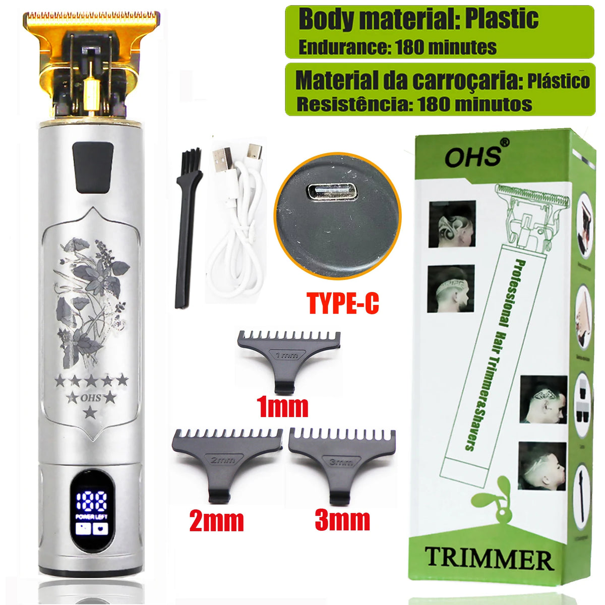 A silver electric hair trimmer with a battery, attachments, and packaging box is shown.