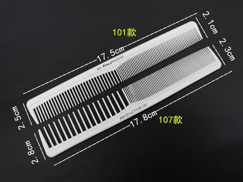 A pair of white anti-static professional hair cutting combs shown against a dark background.