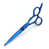 A pair of professional stainless steel hair cutting scissors in blue.