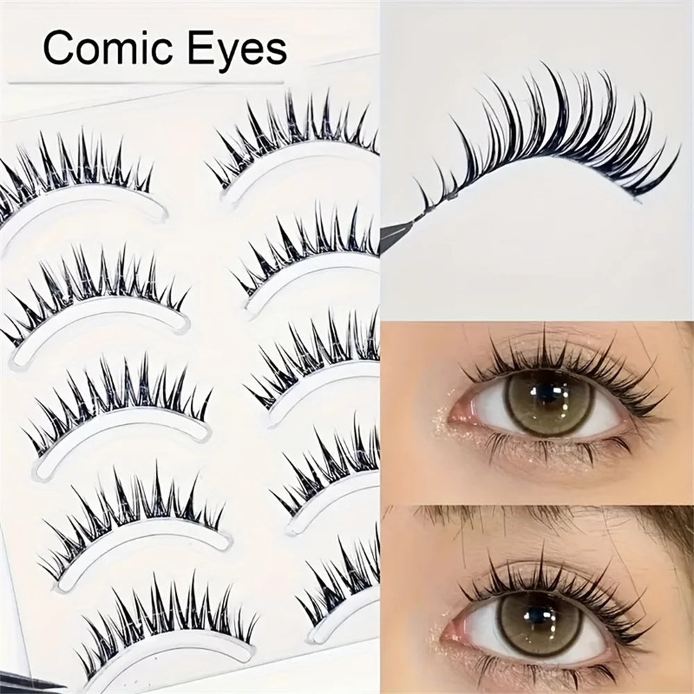 Five pairs of wet look comic eyelash strips showing various styles and application angles.