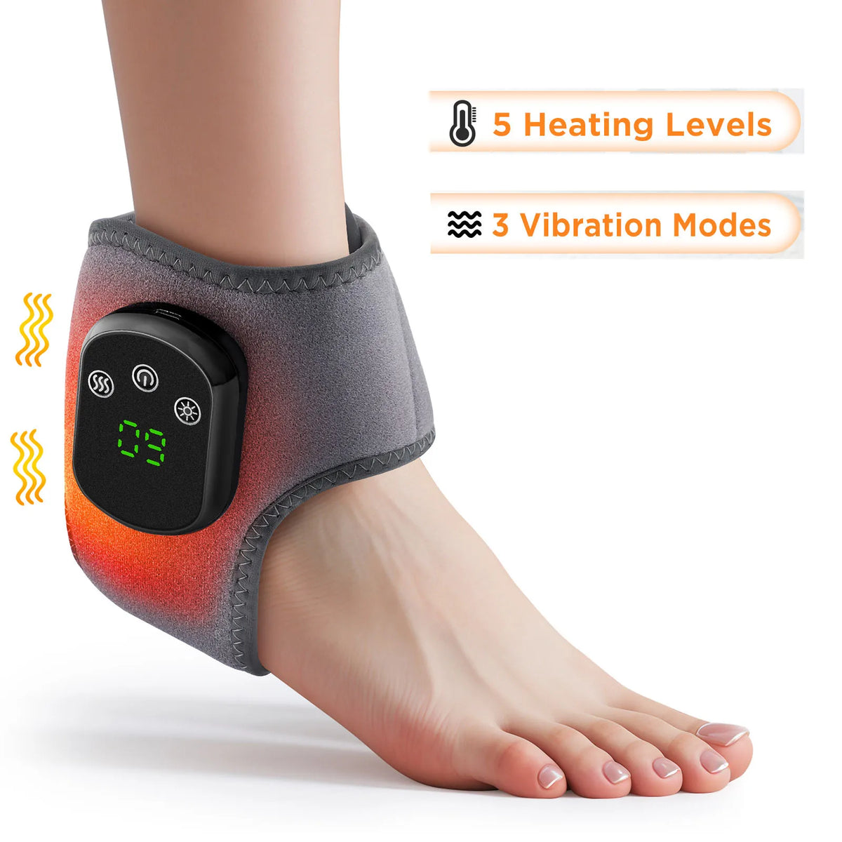 A person's ankle is shown wearing a gray heating and massage brace with controls for 5 heating levels and 3 vibration modes.