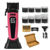 A pink and black brushless rotary hair trimmer kit with multiple guard attachments and accessories.