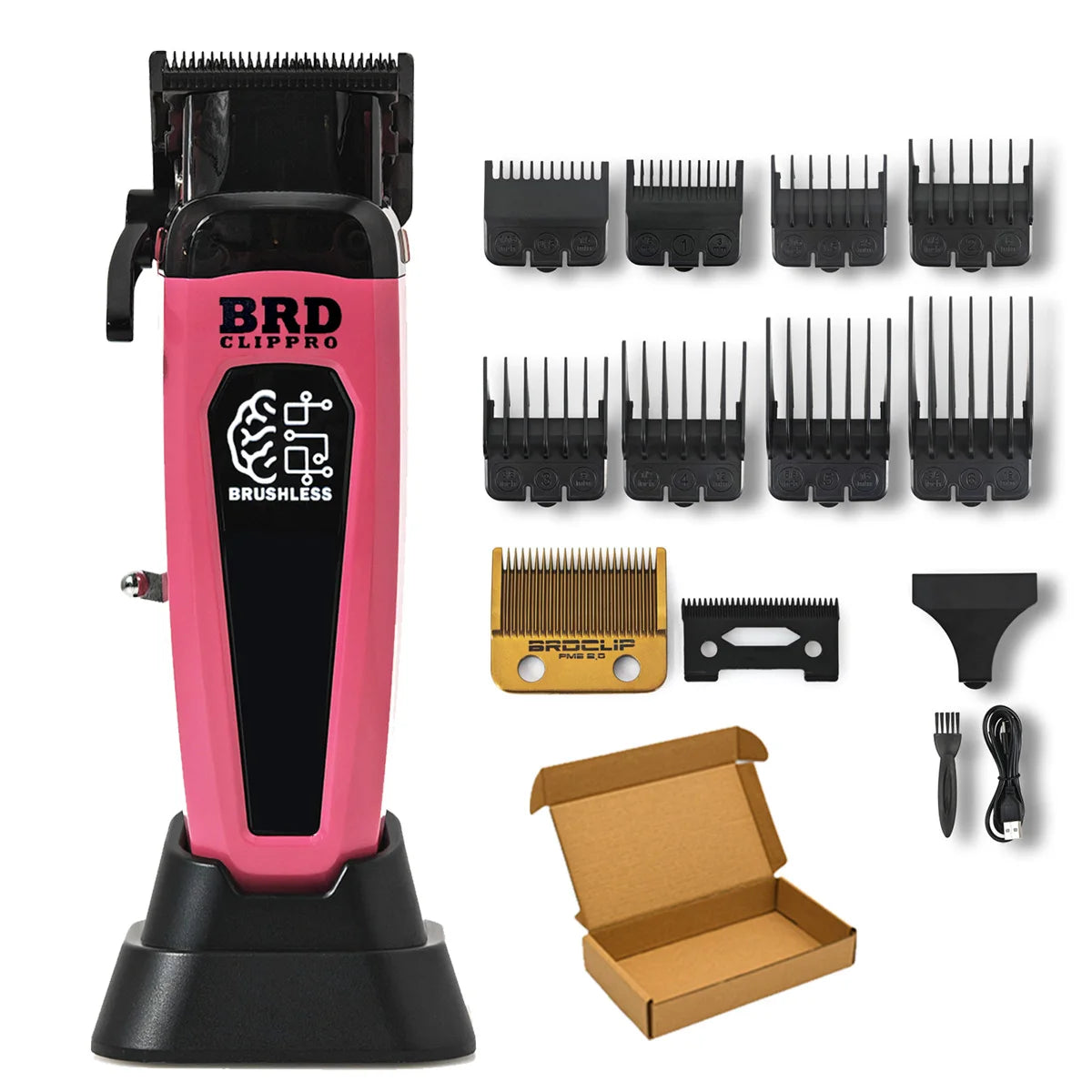A pink and black brushless rotary hair trimmer kit with multiple guard attachments and accessories.