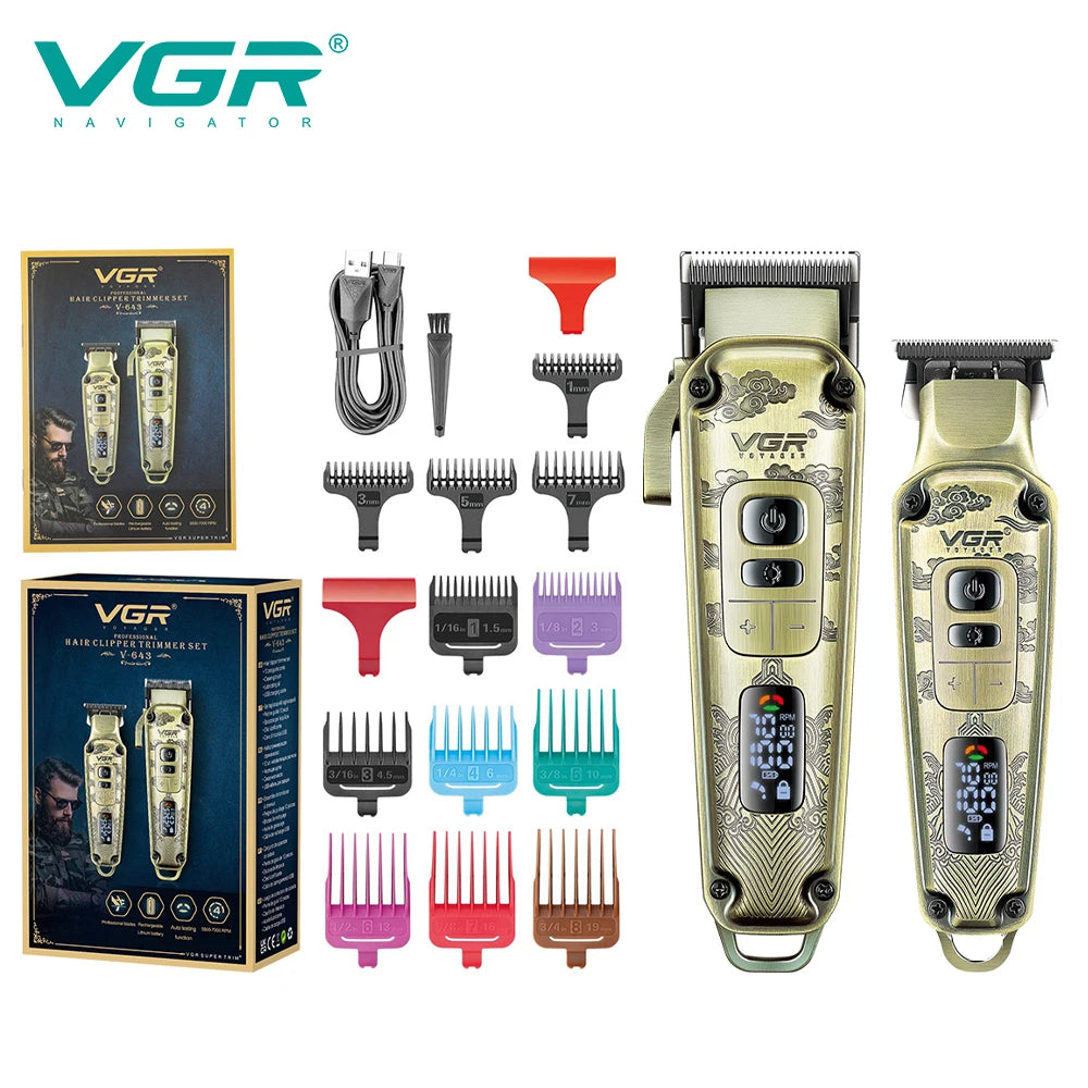 A set of VGR electric hair trimmers and clipper kits displayed on a white background.