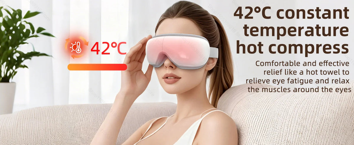 A woman is using a pink heated eye compress device to relieve eye fatigue and relax muscles around the eyes.