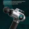A silver muscle massage gun is shown against a dark teal background, highlighting its design and function.