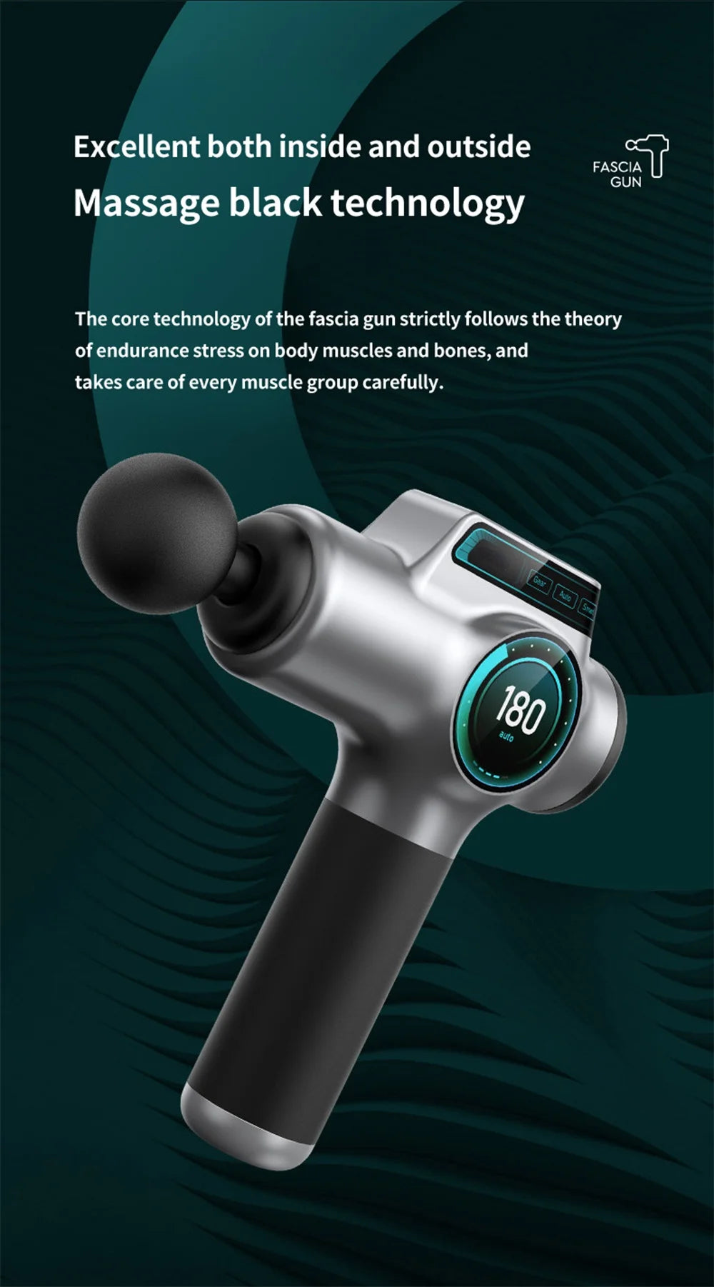A silver muscle massage gun is shown against a dark teal background, highlighting its design and function.