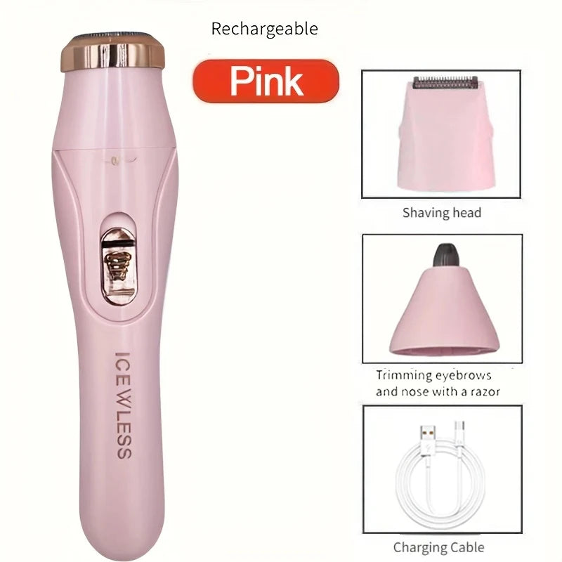 Pink rechargeable multi-functional hair and eyebrow trimmer with shaving head and trimming tools