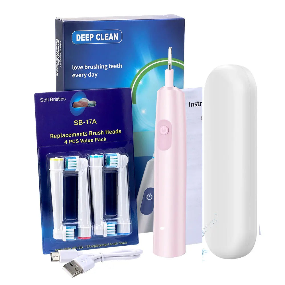 A box and components for an SB-17A replacement brush head set of 4, next to a pink electric toothbrush and a white charging b